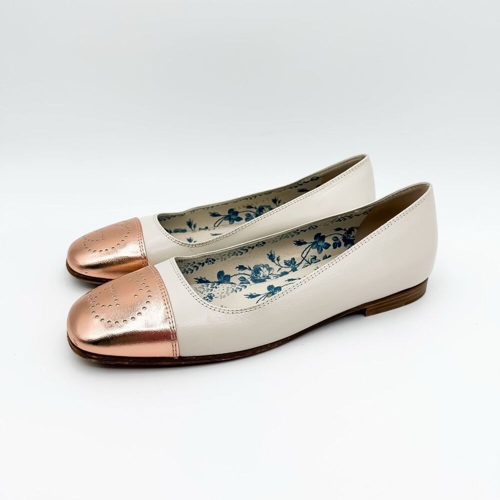 Gucci Hills Ballet Flat White Rose Gold Size 37, 7 Cap Toe GG Logo Leather - Picture 3 of 12